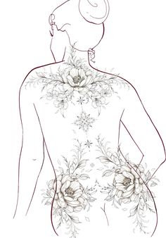 the back of a woman's body with flowers and leaves on her chest, drawn by