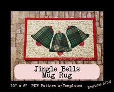 a quilted wall hanging with two bells on it and the words, jungle bells mug rug