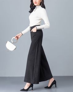 * A wide leg pants for autumn and winter, made of quality cotton blends. * Two pockets, they are big enough for your hands. * Material: 55% cotton, 22% polyester, 18% nylon, 5% spandex * Let us know your usual size in your country and your overall height. * Can custom make waist size and length. * Size: True to US size, US 0-US 20 are available, you can let us know your usual size and height in your order. * Shipping: Free shipping Processing time : 5-7 Business days Delivery time : 7-20 Busines Winter Cotton Full-length Bottoms, Elegant Wool Wide Leg Ankle-length Pants, Evening Wide-leg Wool Bottoms, Fitted Gray Wide Leg Ankle-length Pants, Fitted Full-length Wide Leg Pants With Button Closure, Customized Pants, Wide Leg Pants Winter, Women Wide Leg Pants, Dark Grey Skirt