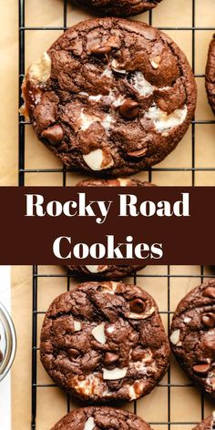 rocky road cookies on a cooling rack with chocolate chips and marshmallows