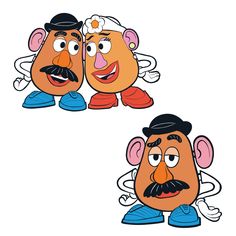 three cartoon characters with different facial expressions