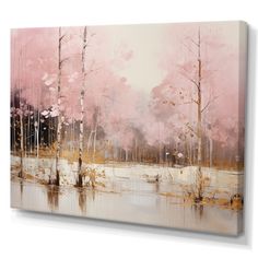 an abstract painting with pink trees and water