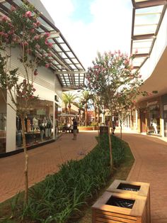 a shopping mall with people walking around and trees on the sidewalk in front of it