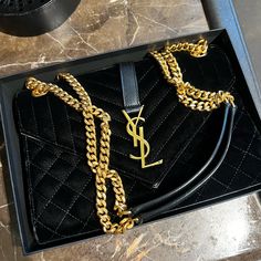 Ysl Black And Gold Velvet Shoulder Bag From The 2019 Collection By Anthony Vaccarello. Unfortunately, I Do Not Have The Authenticity Card Anymore For It Because I Thought I Was Going To Keep This Bag Forever But Changed My Mind Because I’ve Used It Maybe 4 Times In The Past 2 Years. Any Ysl Store Should Be Able To Verify Authenticity. I’ve Also Attached The Receipt Of Purchase At The End Of The Slides. Does Not Come In Its Original Box But I Can Ship It In An Original Chanel Box I’m Keeping It I Ysl Store, Chanel Box, Yves Saint Laurent Bags, Anthony Vaccarello, Gold Velvet, My Mind, Black And Gold, Yves Saint Laurent, Original Box