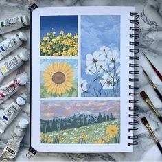 an open notebook with four pictures of sunflowers and other flowers on the cover