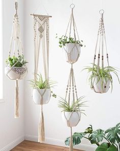 three hanging planters with plants in them, one is white and the other is green