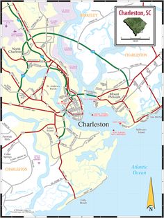 a map of charleston with roads and major cities