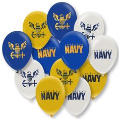 navy balloons are arranged in the shape of an american flag, and have navy insignias on them