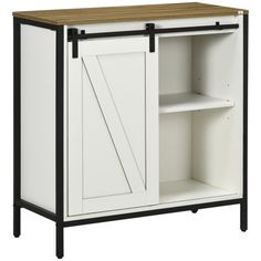 a white cabinet with a wooden top and sliding doors on one side, black legs