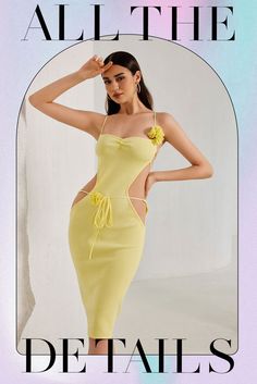 a woman in a yellow dress is posing for the cover of all the details magazine