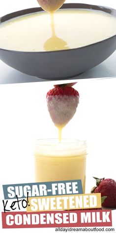 there is a strawberry being poured into a bowl and then topped with yogurt