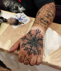 a man with tattoos on his hand and foot