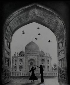 a drawing of two people standing in front of a building with birds flying over it