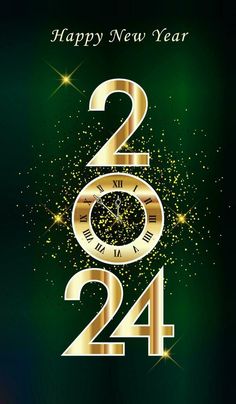 a happy new year card with gold numbers and a clock in the shape of a christmas tree