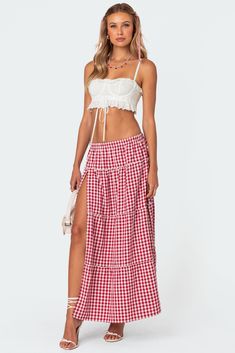 Maxi skirt Tiered design Elastic waistband Gingham pattern Polyester Model wears size S Model height is 5'8 Item care: Wash with similar color Aesthetic Plaid, Plaid Print Skirt, Streetwear Skirt, Long Flowy Skirt, Skirts Flowy, Women Y2k, Tiered Maxi Skirt, Long Skirts For Women, Plaid Fashion