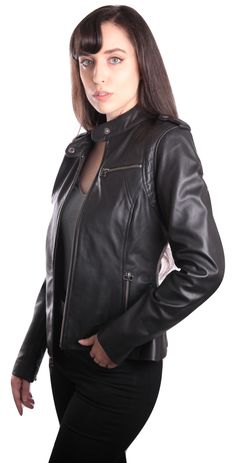 Womens Leather Jacket by Fadcloset: Womens leather jacket.  Slimfit womens leather jacket. Three exterior pockets Zippered midsection.  Buttoned collar. Buttoned shoulder straps Soft, supple leather Zippered sleeves. 100% genuine leather. This slimfit womens leather jacket is a one of a kind piece. It is a beautiful and elegant jacket made with the most pure and softest leather skins. Just throw on a pair of jeans and this jacket and you will be sure to rule any party. Womens Leather Jacket, Womens Activewear Tops, Cotton Lycra Fabric, Casual Leather Jacket, Womens Black Leather Jacket, Elegant Jacket, Leather Jacket Outfits, Leather Skin, Leather Jacket Black