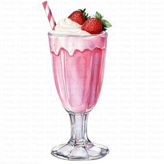 a painting of a strawberry milkshake with whipped cream and strawberries on top