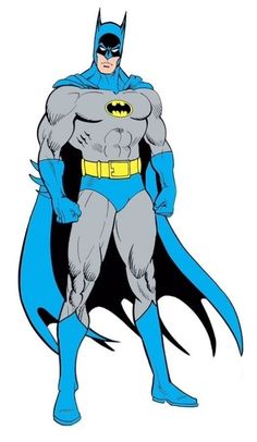 the batman is standing with his cape open and ready to be dressed in blue, yellow and