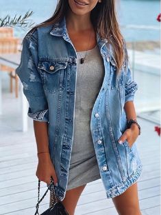 Jackets Long Sleeve Lapel Pocket Ripped Denim Jacket for Women JAC2109301149BLUS Blue / S Ripped Denim Jacket, Jeans Coat, Lapel Design, Moda Denim, Long Sleeve Denim Jacket, Graduation Outfits, Trendy Denim, Summer Concert, Winter Jackets Women