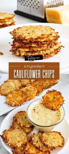 cauliflower chips on a plate with sauce in the middle and text overlay that reads, 6 ingredient cauliflower chips