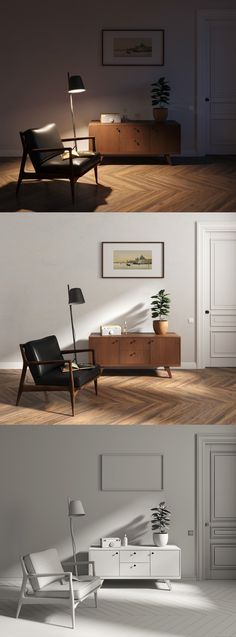 three different views of a living room with white walls and wood floors, one in the middle