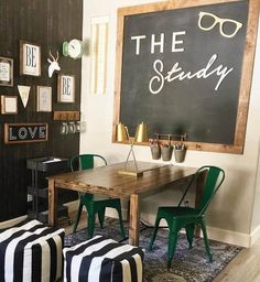 a blackboard with the words the study written on it in front of two green chairs