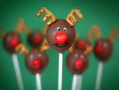 chocolate reindeer lollipops with pretzels on top