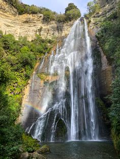 Shine falls, surrounded by native bush and a rainbow at its base! New Zealand Nature Aesthetic, Nature New Zealand, New Zealand Waterfalls, Aesthetic New Zealand, New Zealand Travel Aesthetic, New Zealand Nature