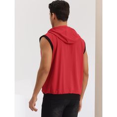 Sleeveless sweatshirt vest features pockets for you to keep your small items. A hoodie vest can be worn alone or paired with other garments like t-shirts or long-sleeved shirts for a daily look. Pair a hoodie vest with shorts, jeans, and casual trousers to create a different look. Hoodie vest is suitable for sports, camping, travel and daily wear. Casual Crew Neck Sports Vest, Red Drawstring Hood Top In Athleisure Style, Casual Cotton Vest For Gym, Casual Cotton Sports Vest, Hooded Cotton Vest For Summer, Casual Streetwear Vest With Drawstring Hood, Casual Hooded Tank Top For Sports, Casual Summer Hooded Vest, Cotton Gym Top With Drawstring Hood