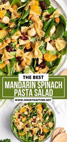 the best mandarin spinach pasta salad in a glass bowl