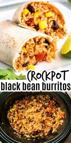 mexican black bean burritos in a crockpot on a white plate