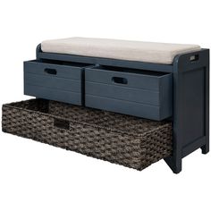 a blue bench with two drawers and a cushion on the bottom one drawer is open