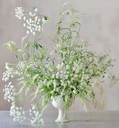 a white vase filled with flowers on top of a table