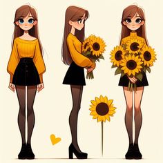 the girl is holding sunflowers in her hand and standing next to another woman