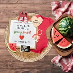 This unique but simple summer watermelon pregnancy announcement idea is perfect for your baby reveal to parents, family, and friends on social media too! Personalize this cute way to announce your pregnancy. Perfect for people who love fruit, a summer baby, and more! Secret Pregnancy, Baby Due, Gender Reveal Party Decorations, Summer Pregnancy, Preparing For Baby, Summer Watermelon