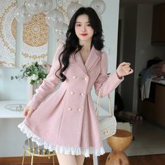 XS<br>Length 76 Bust 86 Shoulder 33 Sleeve 60 Waist 68 <br>S Length 77 Bust 90 Shoulder 34 Sleeve 61 Waist 72 M<br>Length 78 Bust 94 Shoulder 35 Sleeve 62 Waist 76 >L<br>Length 79 Bust 98 Shoulder width 36 Sleeve length 63 Waist 80"}'>Unit (cm)
 XS
 Length 76 Bust 86 Shoulder width 33 Sleeve length 60 Waist 68
 S.
 Length 77 Bust 90 Shoulder width 34 Sleeve length 61 Waist 72
 M.
 Length 78 Bust 94 Shoulder width 35 Sleeve length 62 Waist 76
 L.
 Length 79 Bust 98 Shoulder Width 36 Sleeve Len Tiffany Green, Double Breasted Dress, Dress Coat, Ruffle Collar, Coat Dress, No Frills, Double Breasted, Light Pink, Ribbon