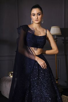 Mani Bhatia-Midnight Blue Sequins Embroidered Lehenga Set-INDIASPOPUP.COM Blue Sequin Lehenga, Lehenga Patterns, Drape Dupatta, Lehenga Simple, Sequins Outfit, Dress Trendy, Desi Wear