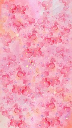 an abstract painting with pink flowers and gold dots on the bottom half of the image