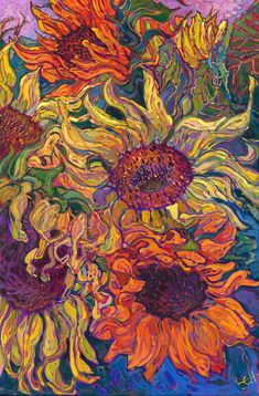 an abstract painting of sunflowers in a vase