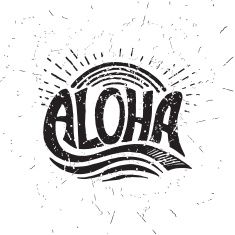 the word aloha written in black ink on a white background with sunbursts