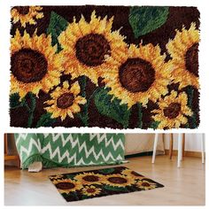 sunflowers and chevroned rugs are on the floor next to each other