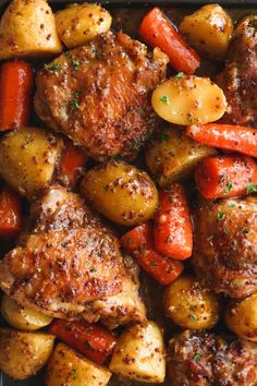 chicken, carrots and potatoes in a baking dish