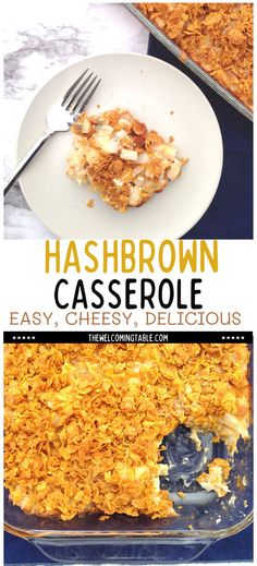 plate with a fork and a scoop of hash brown casserole. on bottom is a casserole dish of hash brown casserole with a scoop missing. Hashbrown Casserole With Cornflakes, Cornflake Casserole, Ham Hashbrown, Best Potato Casserole, Easy Hashbrown Casserole, Casserole With Corn, Hashbrown Casserole Easy, Cheesy Hashbrown