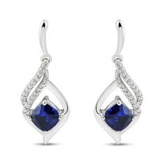 These gorgeous earrings for her feature cushion-cut blue lab-created sapphires set in classic sterling silver. Swirls of round-cut white lab-created sapphires shimmer above to finish the look. The earrings secure with friction backs. Elegant Cushion Cut Gemstone Earrings, Elegant Blue Earrings For Anniversary, Sapphire Birthstone Earrings For Formal Occasions, Elegant Blue Earrings With Diamond Accents, Blue Dangle Jewelry With Diamond Accents, Elegant Round Cut Sapphire Earrings, Classic Jewelry With Diamond Accents And Lab-created Sapphire, Elegant Sapphire Earrings (lab-created), Elegant Sapphire Earrings With Lab-created Sapphire