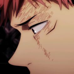 an anime character with red hair and eyeliners looking at something in the distance