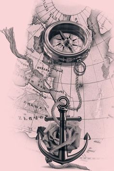 an anchor, rose and compass on a map