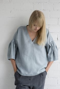 Linen Blouse Motumo – 17P2 / Handmade loose linen summer blouse with 3/4 sleeves / V neckline linen blouse / Washed linen blouse by MotumoLinen on Etsy V-neck Linen Blouse For Summer, Effortless Linen V-neck Blouse, Casual Linen Blouse With 3/4 Sleeves, Casual Flax-color Linen Blouse, Blue Linen V-neck Blouse, Touching Herself, Summer Blouses, Linen Blouse, Pure Linen