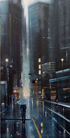 a painting of a person holding an umbrella on a city street at night with buildings in the background