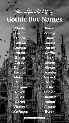 Searching for edgy and unusual baby boy names? Check out our list of 55 gothic names for boys. Our gothic boy name list features unique boy names, vintage boy names, and classic Victorian baby boy names. Tap for the full list of boy name aesthetic, unique boy names, and unusual baby names. Goth Boy Names, Gothic Boy Names, Gothic Names, Boy Name List, Gothic Writing, Gothic Boy, Vintage Boy Names, Victorian Baby, Fantasy Character Names