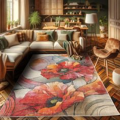 a living room filled with lots of furniture and flowers on the rug in front of it